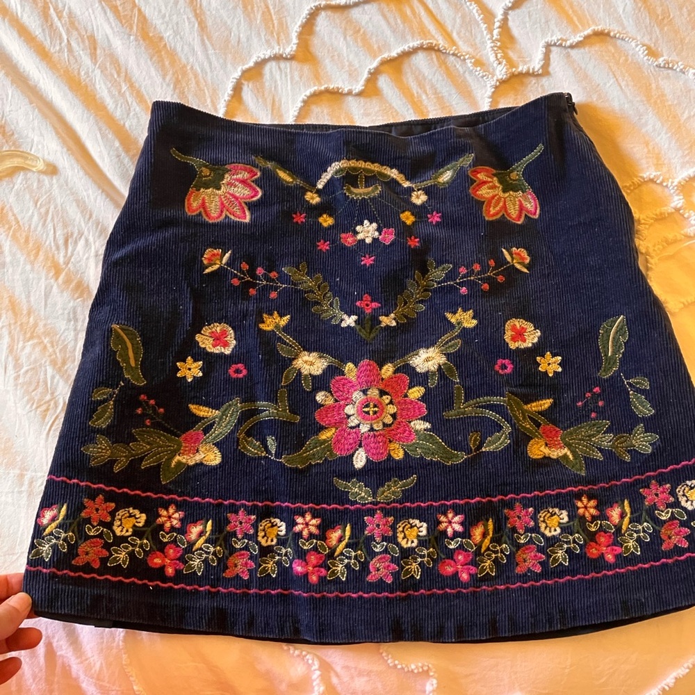 Floral Embroidered Navy Skirt